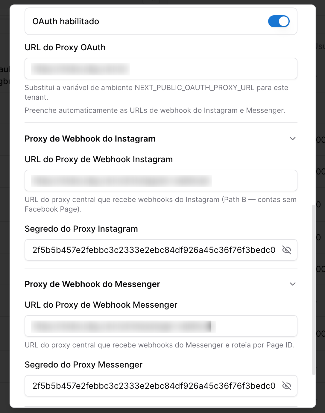 Central de Ajuda - Cobzap - tela de configuração do Tenant - oauth instagram e facebook messenger
